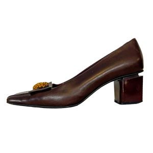 IRENE ADLER Brown Leather Square Toe Chunky Notch Heel Pom Pom Pumps